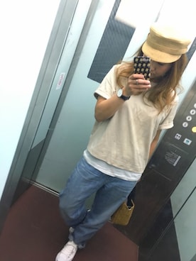 「クルーネックTシャツ」｜「アイテム（帽子）」を使った、yumiさん（レディース・160cm）の夏コーディネート