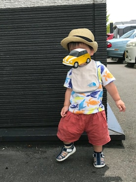 「アイテム（スタイ/よだれかけ、グリーン系）」を使った、すんこ／なちきさん（キッズ・80cm）の夏コーディネート