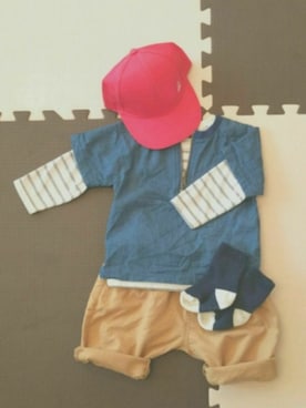「デニム風シャツ」｜すんこ／なちきさん（キッズ・80cm）の秋コーディネート