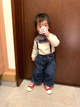 「アイテム（スタイ/よだれかけ、パープル系）」を使った、すんこ／なちきさん（キッズ・90cm）の春コーディネート