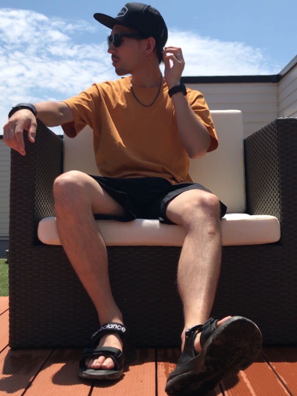 「夏セールで買いました、UNIQLO、UNIQLO U、イエロー、ショートパンツ、スポーツサンダル、プチプラ、G-SHOCK、夏コーデ、いいね、save、フォローお願いします🤑」｜「RVCAのRVCA/別注HEXED MESH CAP（キャップ、ブラック系）」を使った、ファルルさん（メンズ・173cm）の夏コーディネートの1枚目の写真