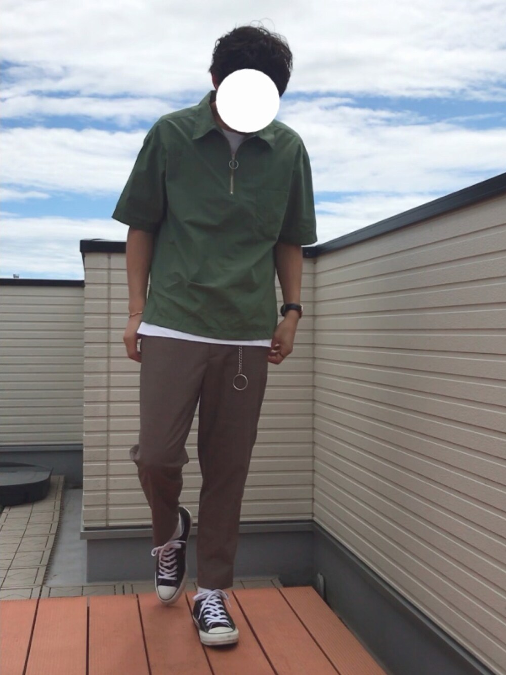 「秋服準備はじめました、ハーフジップ、リングジップ、キーリング、GU、グレンチェック、アンクルパンツ、プチプラ、秋のコーデ、いいね、save、フォローお願いします🤑」｜「LIDNMのリングジップハーフスリーブシャツ【ライトカーキ】（シャツ/ブラウス、グリーン系）」を使った、ファルルさん（メンズ・173cm）の秋コーディネートの1枚目の写真