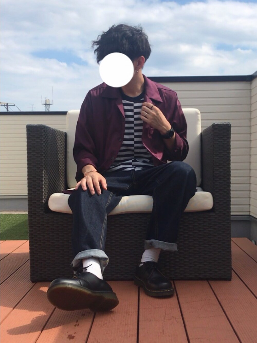 「秋服準備はじめました、オープンカラーシャツ、ドロップショルダー、パープル、ボーダーTシャツ、ワイドパンツ、ワイドデニム、ビッグシルエット、プチプラ、いいね、save、フォローお願いします🤑」｜「LIDNMのダブルサテンオープンカラーシャツ（シャツ/ブラウス、パープル系）」を使った、ファルルさん（メンズ・173cm）の秋コーディネートの1枚目の写真