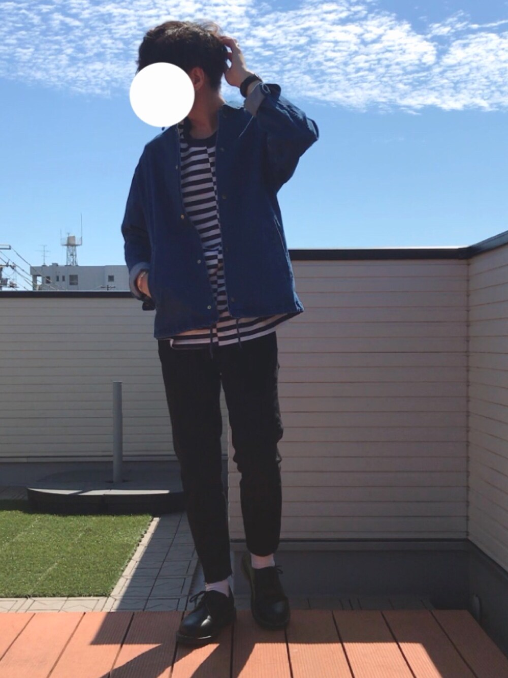 「秋服、GU、デニムジャケット、コーチジャケット、UNIQLO JW ANDERSON、ボーダーTシャツ、スキニーパンツ、カットオフデニム、プチプラ、いいね、save、フォローお願いします🤑」｜「Daniel WellingtonのDANIEL WELLINGTON / CLASSIC BLACK レザーベルト/ローズゴールド 40mm（アナログ腕時計、ブラック系）」を使った、ファルルさん（メンズ・173cm）の秋コーディネートの1枚目の写真