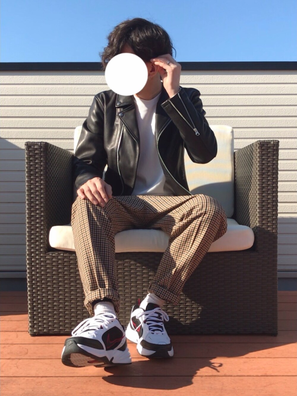「ストリート服が好き、ダブルライダース、ライダース、レザージャケット、GU、ガンクラブチェック、チェックパンツ、ダッドスニーカー、プチプラ、いいね、save、フォローお願いします🤑」｜「RAGEBLUEの＜シープレザー使用＞ダブルライダースジャケット/750588（ライダースジャケット、ブラック系）」を使った、ファルルさん（メンズ・173cm）の秋コーディネートの1枚目の写真