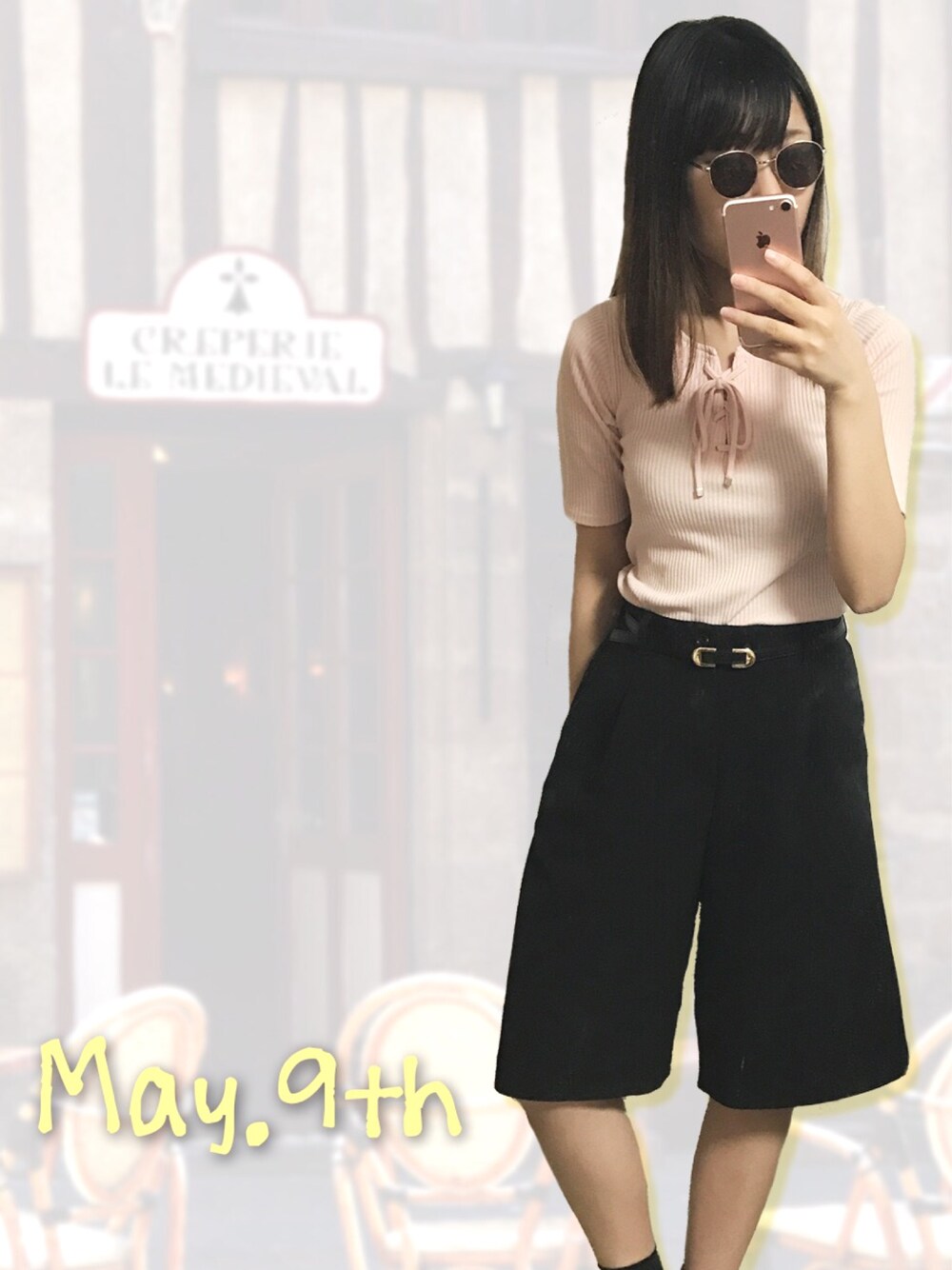 「シンプルコーデ、プチプラ、ガウチョパンツ、ピンク」｜「one wayのアイテム（トップス、ピンク系）」を使った、chunさん（レディース・160cm）の春コーディネートの1枚目の写真