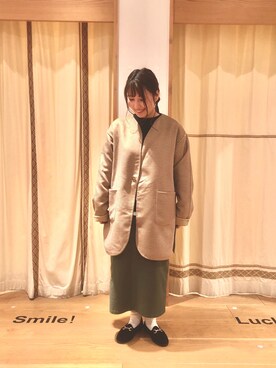 「coen（コーエン）のアイテム（ノーカラージャケット）」を使った、coen むなかたさん（レディース・150cm）の秋コーディネート