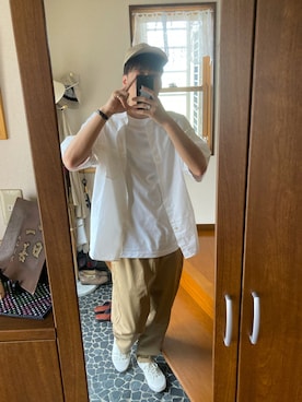 「GU（ジーユー）のアイテム（キャップ、ベージュ系）」を使った、みずひとさん（メンズ・177cm）の夏コーディネート