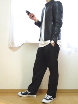 「Daniel Wellington」｜「アイテム（ライダースジャケット）」を使った、みっきーさん（メンズ・175cm）の秋コーディネート