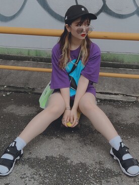 「WEGO（ウィゴー）のアイテム（Tシャツ/カットソー、パープル系）」を使った、_aoiさん（レディース・152cm）の夏コーディネート