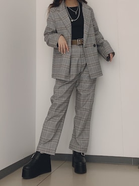 「WEGO（ウィゴー）のWEGO/【セットアップ対応商品】＊2020秋新作＊チェックタックパンツ（その他パンツ、グレー系）」を使った、_aoiさん（レディース・152cm）の夏コーディネート