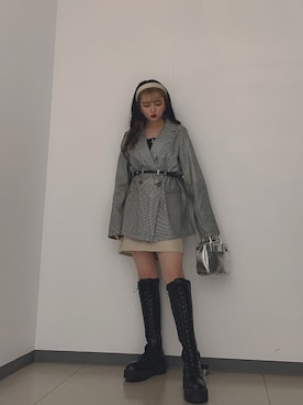 「WEGO（ウィゴー）のWEGO/【セットアップ対応商品】チェックテーラードジャケット（テーラードジャケット、グレー系）」を使った、_aoiさん（レディース・152cm）の秋コーディネート