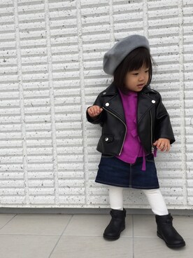 「アイテム（ライダースジャケット）」を使った、rinrinnonnonさん（キッズ・80cm）の秋コーディネート