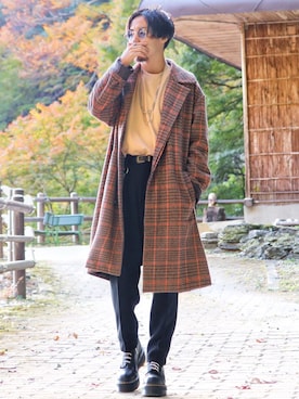 「INHERIT（インヘリット）のアイテム（チェスターコート）」を使った、ASAさん（メンズ・166cm）の冬コーディネート