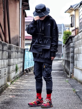 「A-COLD-WALL*（アコールドウォール）のアイテム（帽子）」を使った、ASAさん（メンズ・166cm）の春コーディネート