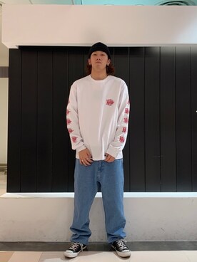 「袖プリント」｜菅原省吾さん（メンズ・172cm）の冬コーディネート