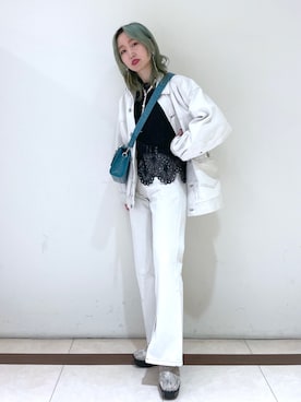 「レースブラウス」｜「アイテム（ブルゾン）」を使った、KUMiさん（レディース・159cm）の春コーディネート