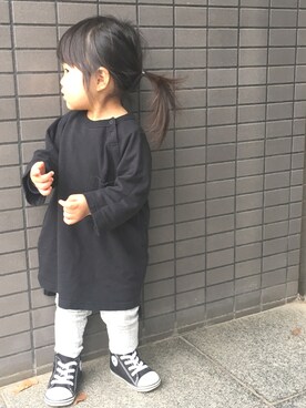 「BRANSHES（ブランシェス）のビックシルエットワンピース（ワンピース、ブラック系）」を使った、miiさん（キッズ・90cm）の春コーディネート