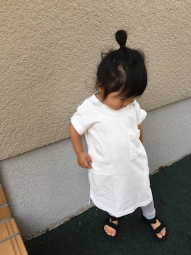「BRANSHES（ブランシェス）のビッグシルエット半袖ワンピース（ワンピース、ホワイト系）」を使った、miiさん（キッズ・90cm）の春コーディネート