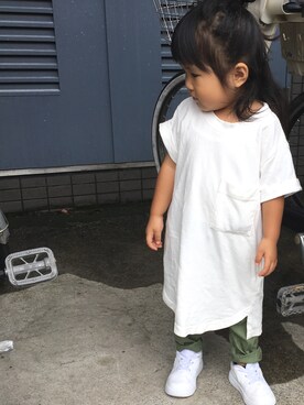 「BRANSHES（ブランシェス）のビッグシルエット半袖ワンピース（ワンピース、ホワイト系）」を使った、miiさん（キッズ・90cm）の秋コーディネート