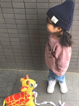 「西松屋（ニシマツヤ）のアイテム（ニットキャップ/ビーニー、ブルー系）」を使った、miiさん（キッズ・90cm）の秋コーディネート