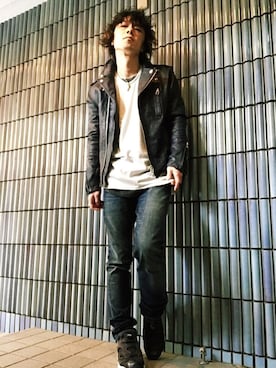 「MONO-MART（モノマート）のワッフルロング丈 Uネックプルオーバーカットソー/ロングスリーブ（Tシャツ/カットソー）」を使った、KEITA(ΦωΦ)さん（メンズ・181cm）の春コーディネート