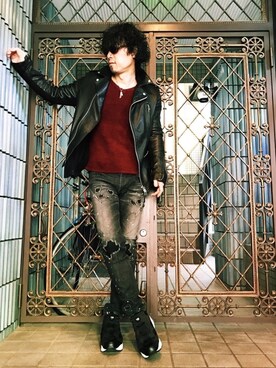 「グランジ」｜「アイテム（ライダースジャケット）」を使った、KEITA(ΦωΦ)さん（メンズ・181cm）の冬コーディネート
