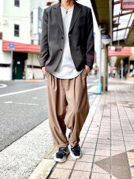 「MONO-MART（モノマート）のワッフルロング丈 Uネックプルオーバーカットソー/ロングスリーブ（Tシャツ/カットソー）」を使った、KEITA(ΦωΦ)さん（メンズ・182cm）の秋コーディネート