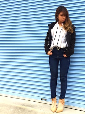 「スキッパーシャツ」｜「アイテム（ライダースジャケット）」を使った、Maiさん（レディース・155cm）の冬コーディネート