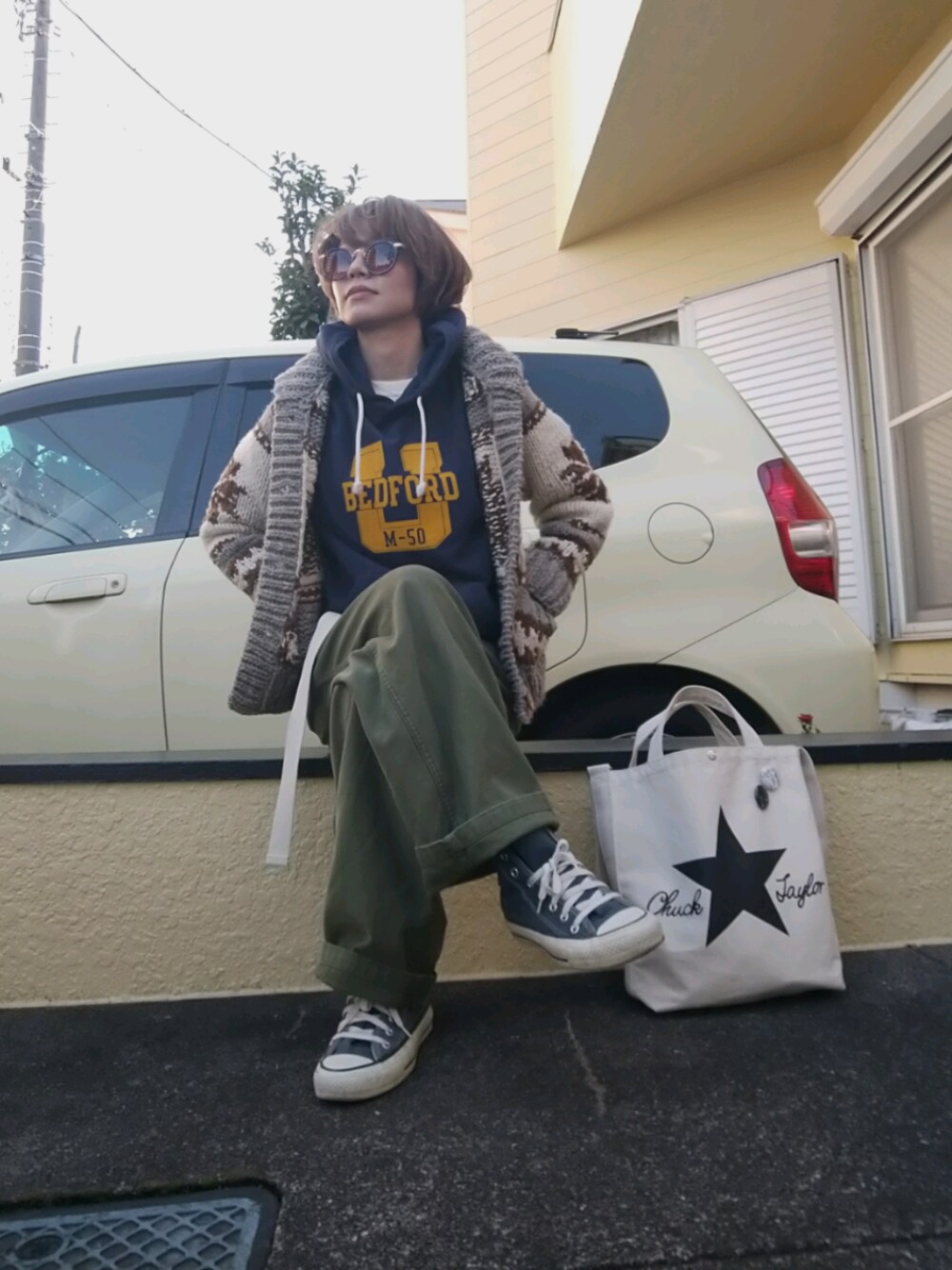 「冬、カジュアルコーデ、普段着、カウチンニット、ヘインズ、おしゃれさんと繋がりたい、低身長、大人カジュアル、Champion、TODAYFUL」｜「Championのアイテム（パーカー、ブラック系）」を使った、みかすけさん（レディース・147cm）の冬コーディネートの1枚目の写真