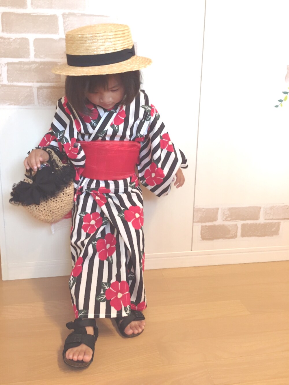 「キッズファッション、handmade、カンカン帽、浴衣、女の子」｜「楽天のアイテム（ハット、ベージュ系）」を使った、haruhinaさん（キッズ・90cm）の夏コーディネートの1枚目の写真
