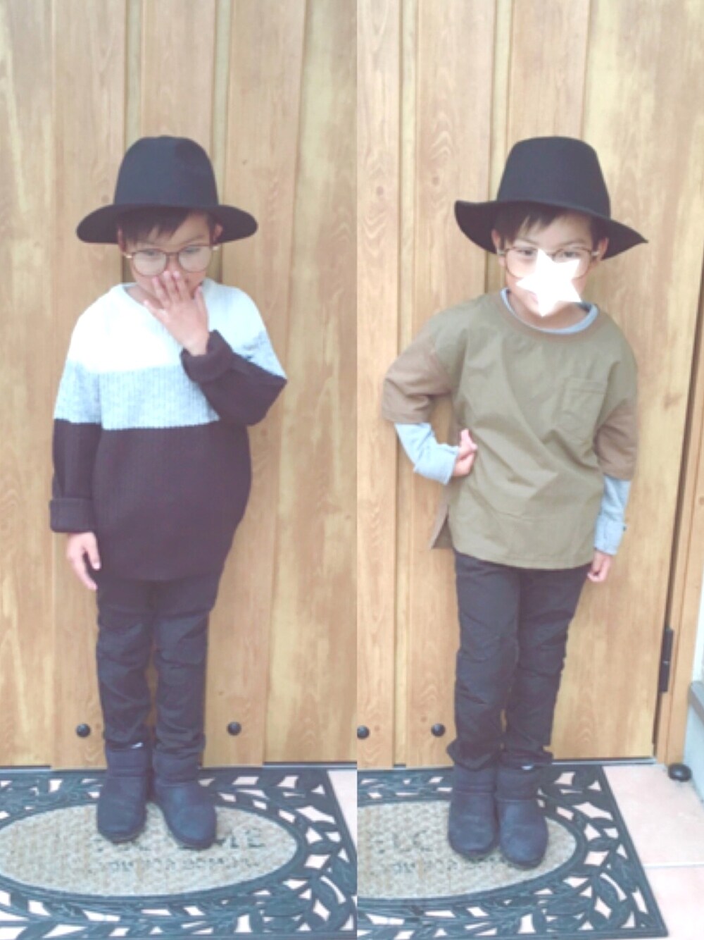 グリーン系のTシャツ/カットソー、ブラック系のその他パンツ、ブラック系のブーツを着用したキッズの秋コーディネートの1枚目の写真