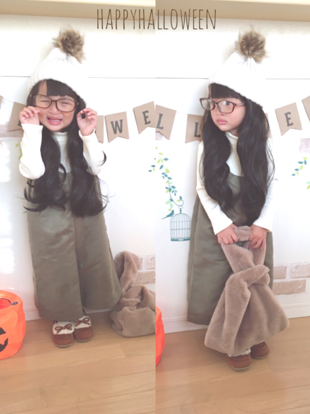「wearhalloween2017、halloween、西松屋、プチプラ、オールインワン、ダイソー」｜「DAISOのアイテム（ニットキャップ/ビーニー、ホワイト系）」を使った、haruhinaさん（キッズ・90cm）の秋コーディネートの1枚目の写真