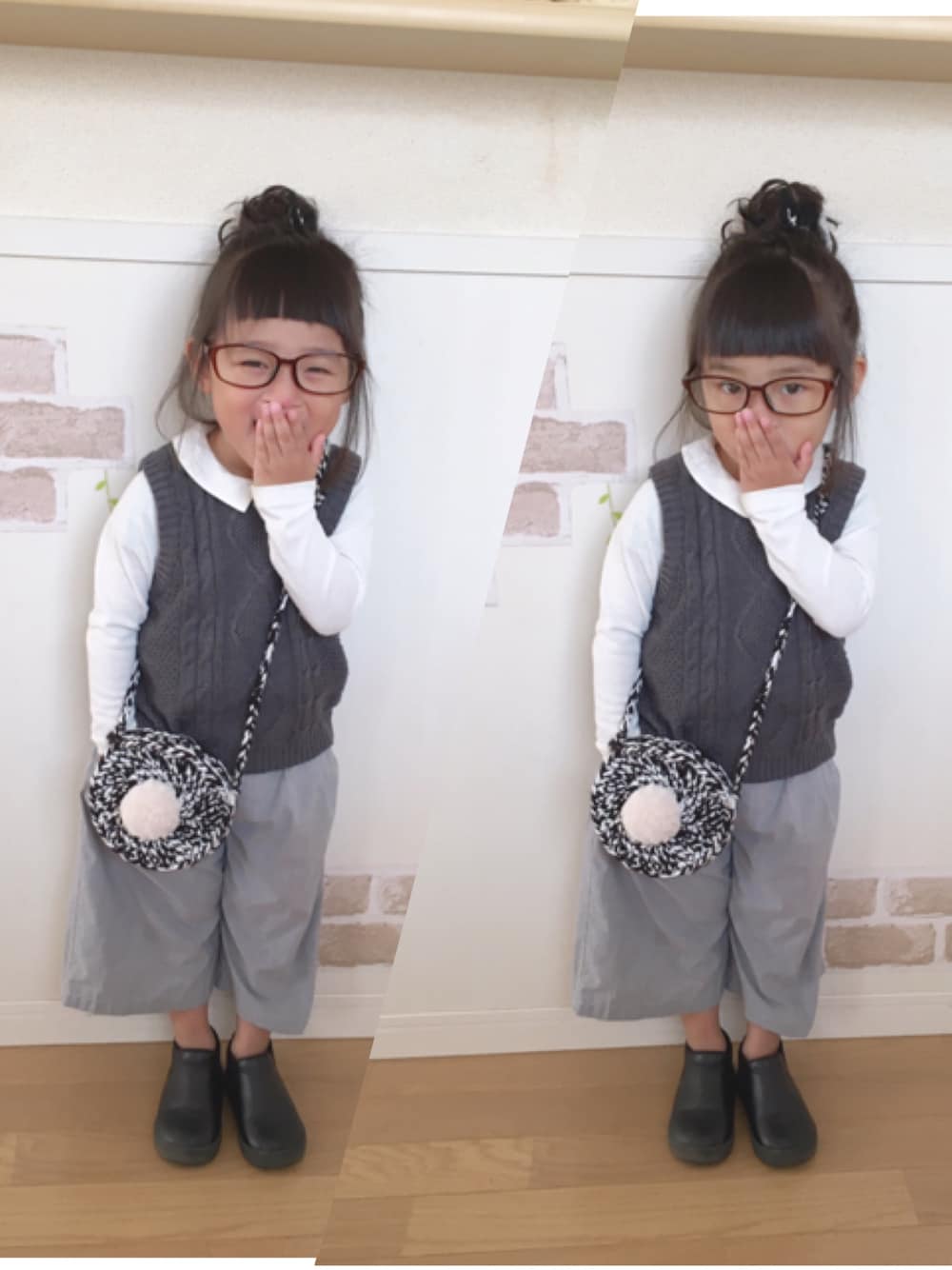 「秋のコーデ、シンプルコーデ、おだんごヘアー、めがね、ハンドメイド、女の子」｜「西松屋のアイテム（ベスト、グレー系）」を使った、haruhinaさん（キッズ・90cm）の秋コーディネートの1枚目の写真