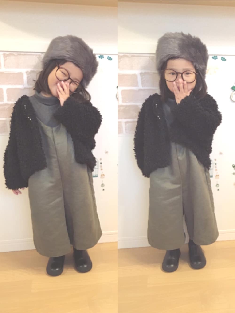 「キッズコーデ、おしゃれさんと繋がりたい、3歳、ロシアン帽、女の子、カーキ、ボアカーディガン」｜「3coinsのアイテム（帽子、グレー系）」を使った、haruhinaさん（キッズ・90cm）の冬コーディネートの1枚目の写真