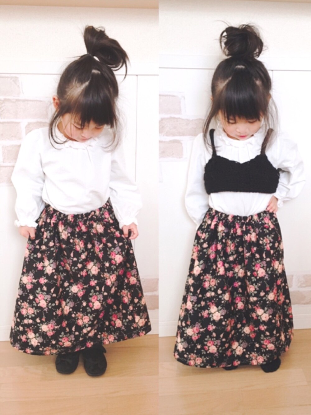 「おんなのこ、フリル襟、ハンドメイド、花柄、フリルブラウス、プチプラ、おだんごヘアー、3歳」｜「楽天のアイテム（シャツ/ブラウス、ホワイト系）」を使った、haruhinaさん（キッズ・90cm）の冬コーディネートの1枚目の写真