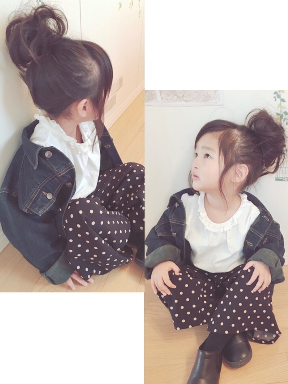 「おしゃれさんと繋がりたい、女の子コーデ、3歳、ドット、デニムジャケット」｜「楽天のアイテム（シャツ/ブラウス、ホワイト系）」を使った、haruhinaさん（キッズ・90cm）の冬コーディネートの1枚目の写真