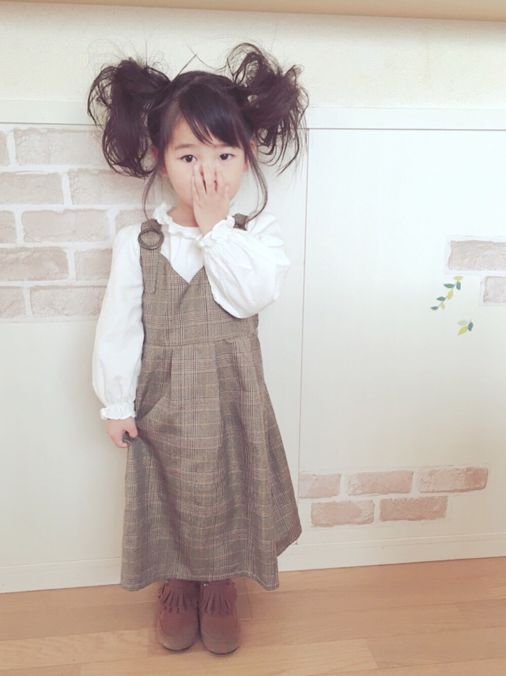 「女の子、キッズコーデ、キッズ、おしゃれさんと繋がりたい、Right-on、ジャンパースカート、フリル」｜「クシャ顔☆のアイテム（その他、その他）」を使った、haruhinaさん（キッズ・90cm）の春コーディネートの1枚目の写真