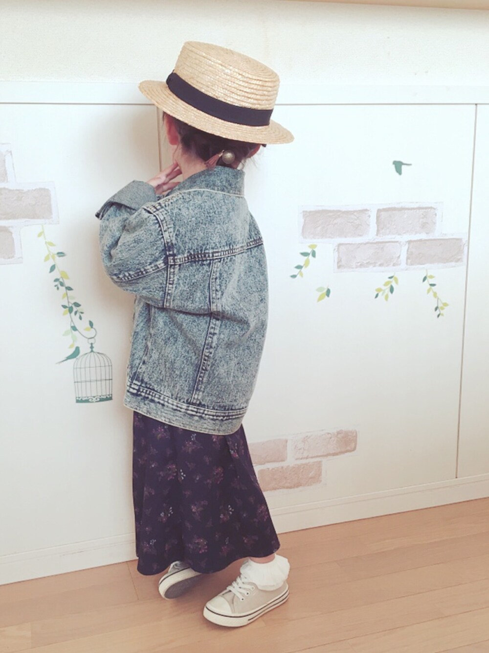 「女の子コーデ、GU、デニムジャケット、花柄ワンピース、カンカン帽、おしゃれさんと繋がりたい」｜「正面は♡のアイテム（その他、その他）」を使った、haruhinaさん（キッズ・90cm）の春コーディネートの1枚目の写真