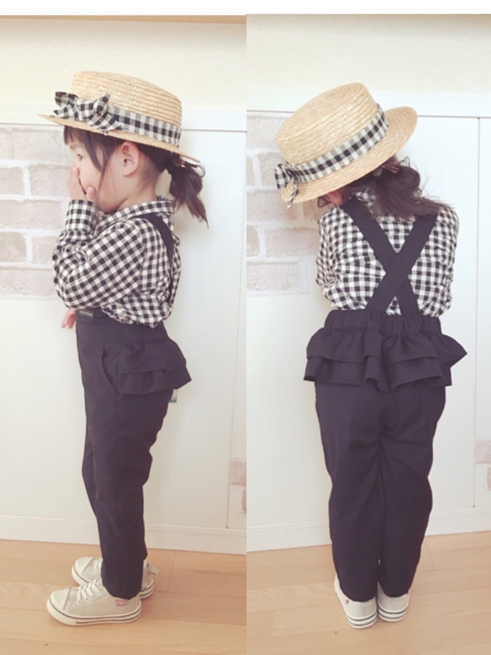 「カジュアル、kids、kidsfashion、おしゃれさんと繋がりたい、サロペット、カンカン帽、ギンガムチェック、ギンガムチェックシャツ、女の子」｜「楽天のアイテム（ハット、ベージュ系）」を使った、haruhinaさん（キッズ・90cm）の春コーディネートの1枚目の写真