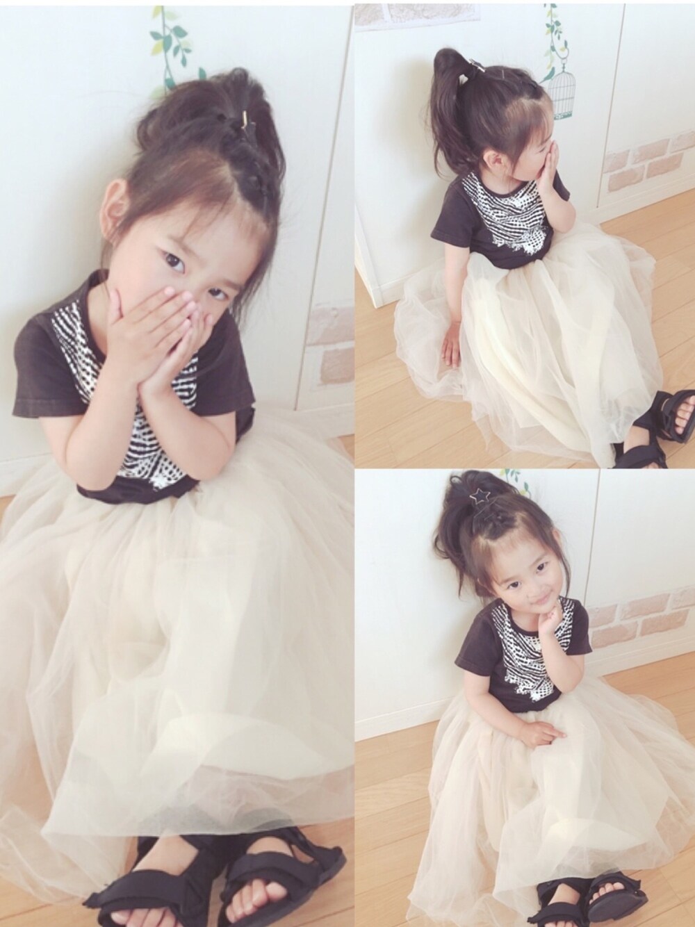 「女の子コーデ、スポーツサンダル、女の子、プチプラ、西松屋、チュールスカート」｜「韓国子供服のアイテム（ワンピース、ベージュ系）」を使った、haruhinaさん（キッズ・90cm）の春コーディネートの1枚目の写真