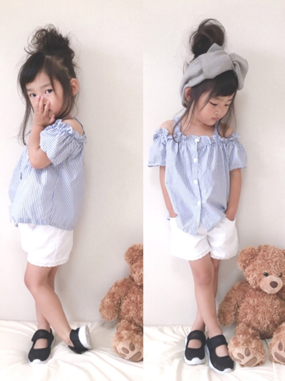 「夏、女の子、3歳、ショートパンツ、休日コーデ、オフショル、ストライプ」｜「Three Four TimeのリブカットソーBIGリボンターバン（ヘアバンド、グレー系）」を使った、haruhinaさん（キッズ・90cm）の夏コーディネートの1枚目の写真