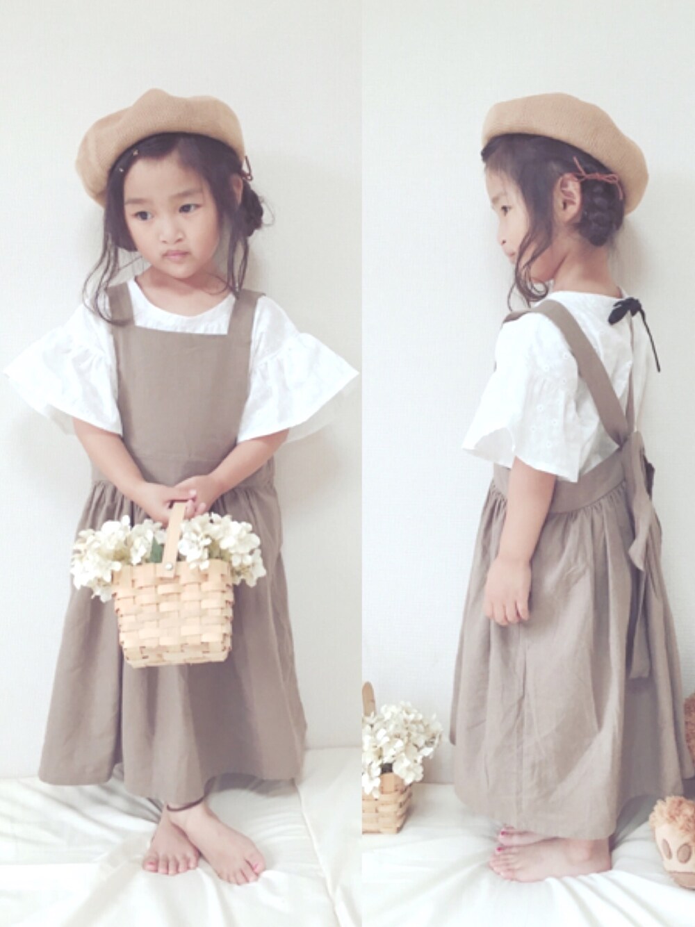 「hokkoriko、ベレー帽、女の子、ハンドメイド、おしゃれさんと繋がりたい」｜「hokkorikoのアイテム（ワンピース、ブラウン系）」を使った、haruhinaさん（キッズ・90cm）の夏コーディネートの1枚目の写真