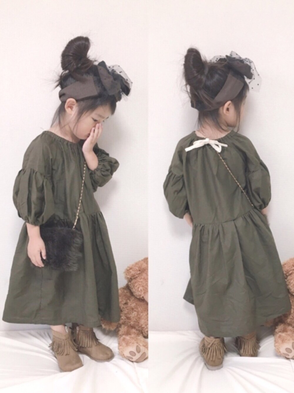 グリーン系のワンピース、ブラウン系のヘアバンド、その他のその他を着用したキッズの秋コーディネートの1枚目の写真
