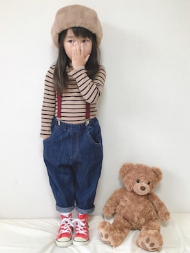 「BRANSHES（ブランシェス）のテレコボーダー長袖Tシャツ（Tシャツ/カットソー）」を使った、haruhinaさん（キッズ・90cm）の冬コーディネート