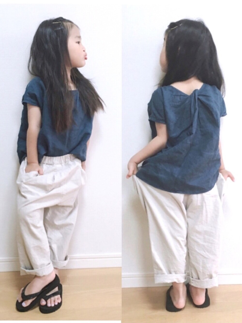 ブルー系のTシャツ/カットソー、ベージュ系のその他パンツ、その他のその他を着用したキッズの夏コーディネートの1枚目の写真