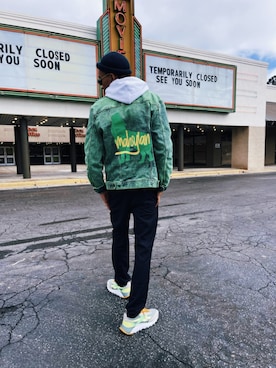 「アイテム（デニムジャケット、グリーン系）」を使った、mahsyianさん（メンズ・188cm）の冬コーディネート