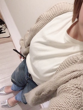 「DISCOAT（ディスコート）の太ケーブルカーディガン（カーディガン/ボレロ）」を使った、Rinさん（レディース・160cm）の冬コーディネート