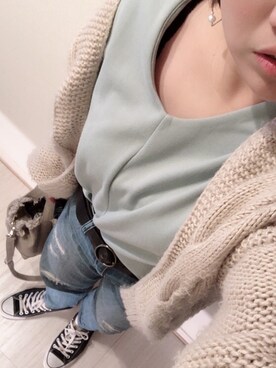 「DISCOAT（ディスコート）の太ケーブルカーディガン（カーディガン/ボレロ）」を使った、Rinさん（レディース・160cm）の春コーディネート