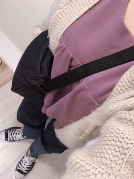 「DISCOAT（ディスコート）の太ケーブルカーディガン（カーディガン/ボレロ）」を使った、Rinさん（レディース・160cm）の春コーディネート